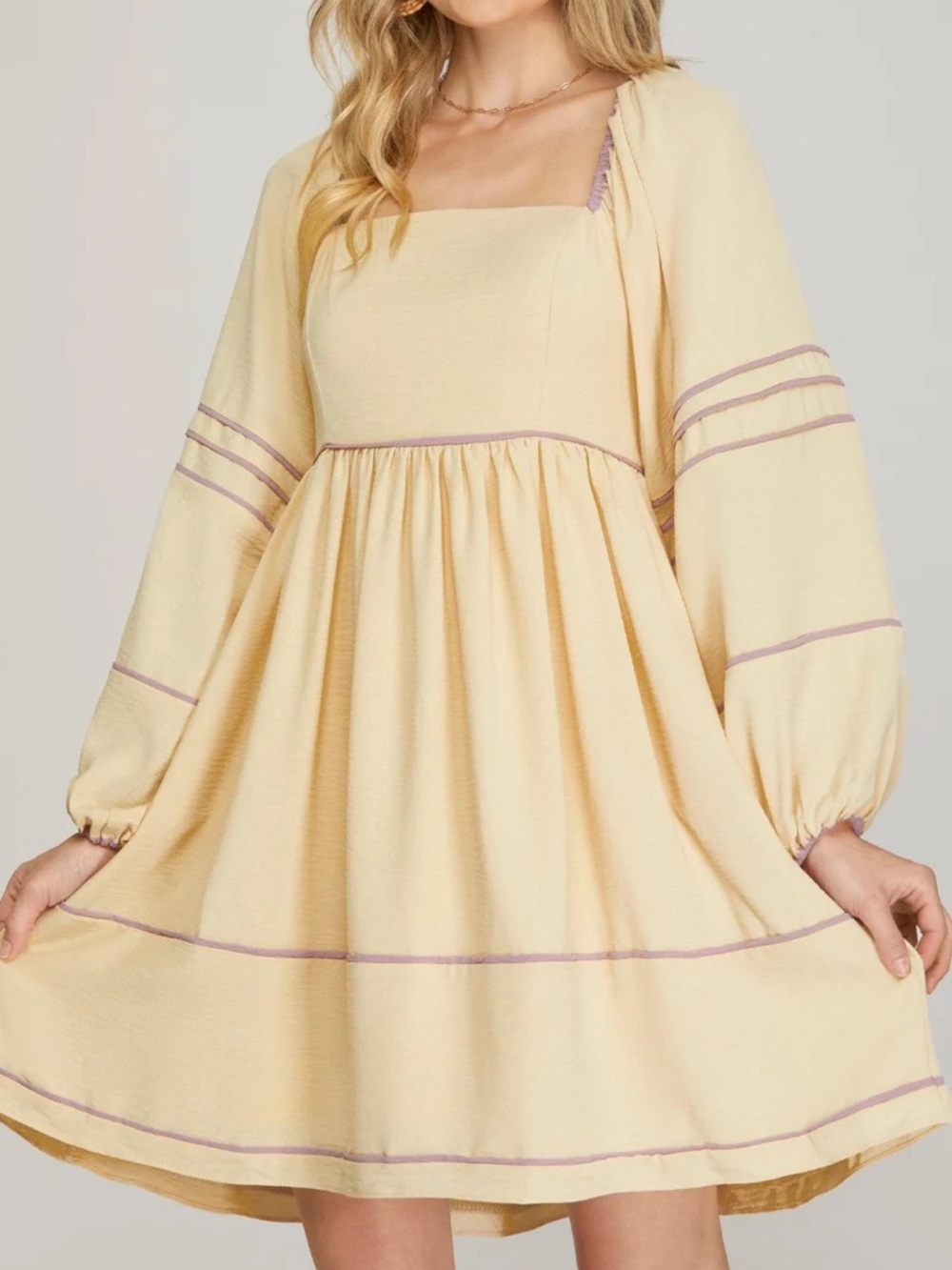 NWT She + Sky Long Sleeve Cream Woven Dress with Purple Binding